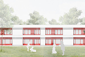 Ev. Kita Regenbogenland: Ansicht Südseite Ev. Zentrum für soziale Dienste (© LKK Architekt:innen)